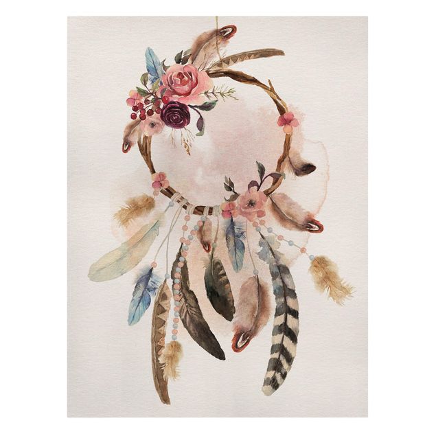 Canvastavlor vintage Dream Catcher With Roses And Feathers