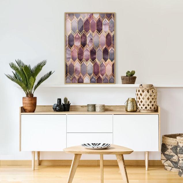 Tavlor med ram abstrakt Stained Glass Geometric Rose Gold