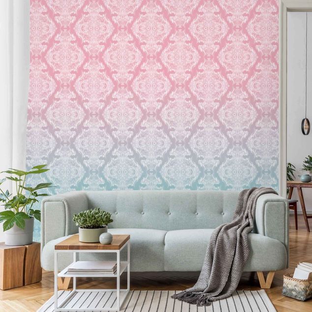 Tapeter barock Watercolour Baroque Pattern With Blue Pink Gradient