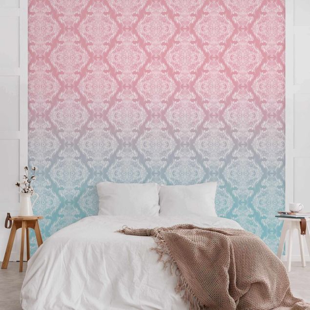 Tapeter modernt Watercolour Baroque Pattern With Blue Pink Gradient