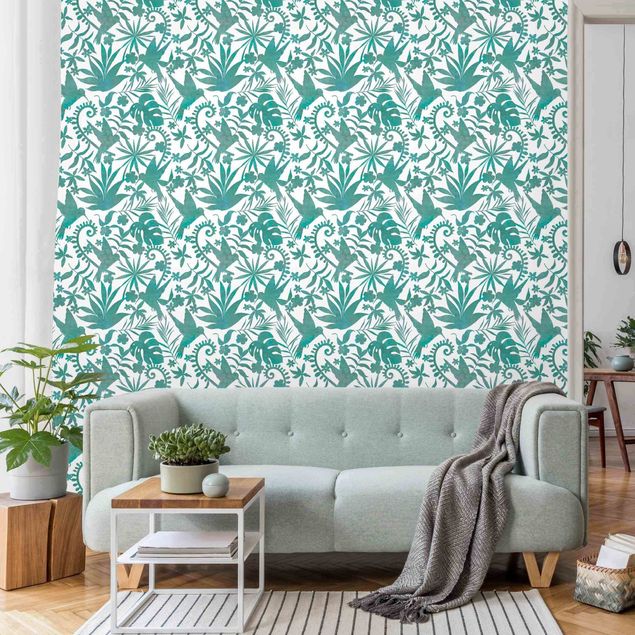 Kök dekoration Watercolour Hummingbird And Plant Silhouettes Pattern In Turquoise