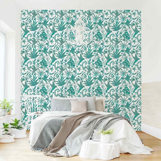 Fototapeter blommor  Watercolour Hummingbird And Plant Silhouettes Pattern In Turquoise