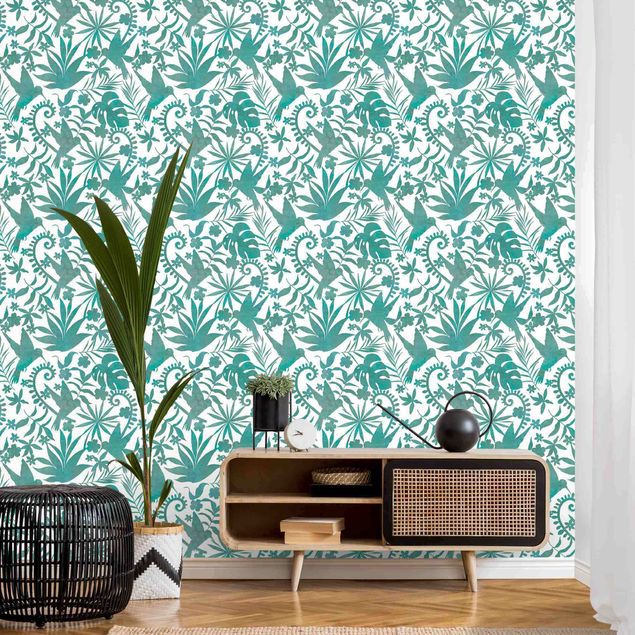Mönstertapet Watercolour Hummingbird And Plant Silhouettes Pattern In Turquoise
