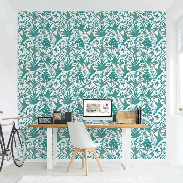 Tapeter modernt Watercolour Hummingbird And Plant Silhouettes Pattern In Turquoise