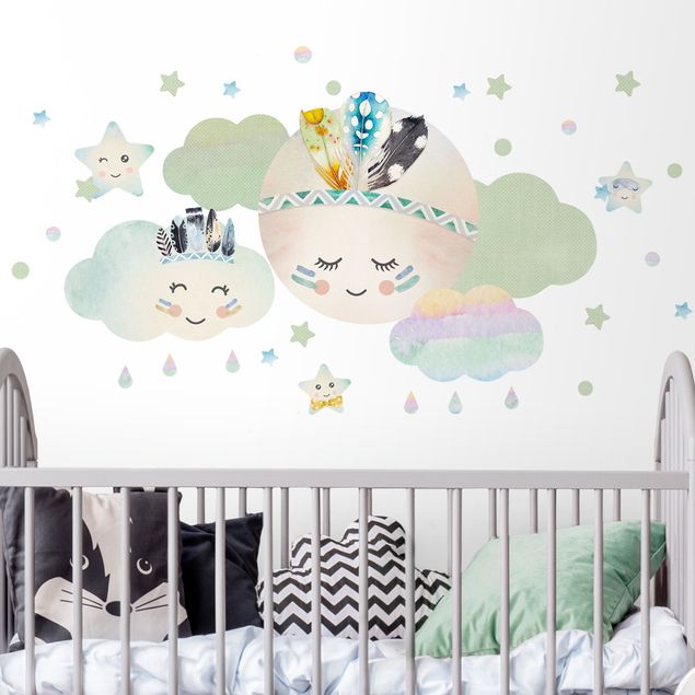 Wallstickers rymden Watercolor Moon Clouds Star Feathers