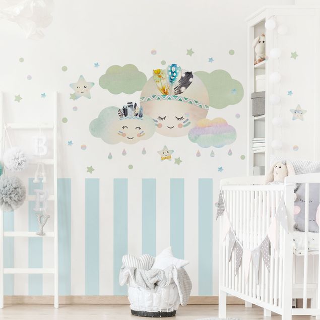 Wallstickers Watercolor Moon Clouds Star Feathers