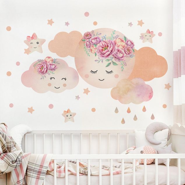 Wallstickers rymden Watercolor moon clouds and stars with roses