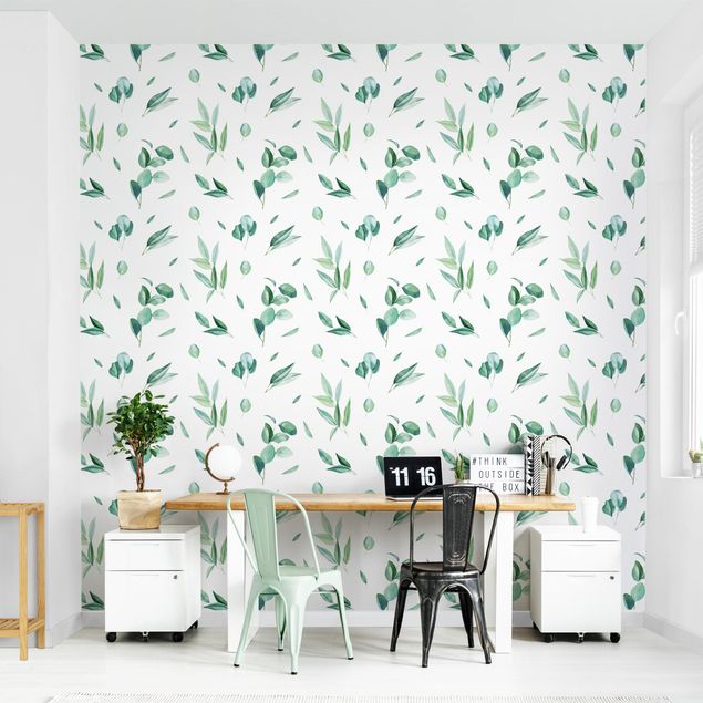 Tapeter modernt Watercolor Pattern Leaves And Eucalyptus