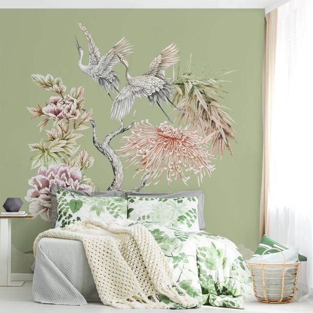 Kök dekoration Watercolour Storks In Flight With Flowers On Green