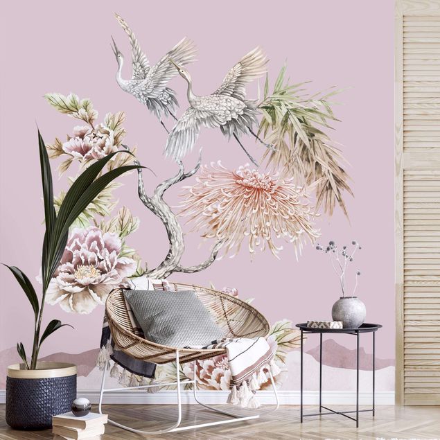 Kök dekoration Watercolour Storks In Flight With Flowers On Pink