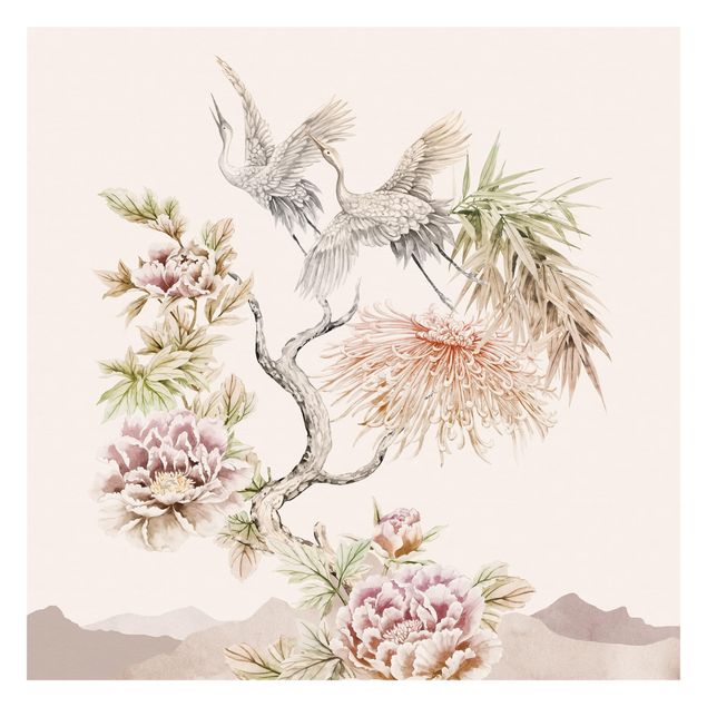 Fototapeter djur Watercolour Storks In Flight With Flowers