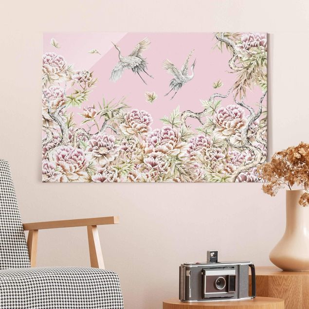 Glastavlor rosor Watercolour Storks In Flight With Roses On Pink
