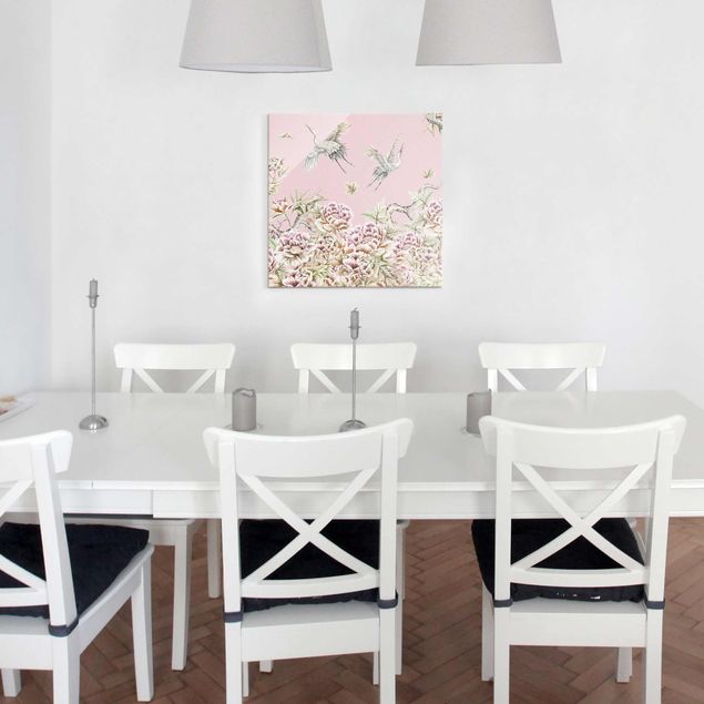 Kök dekoration Watercolour Storks In Flight With Roses On Pink