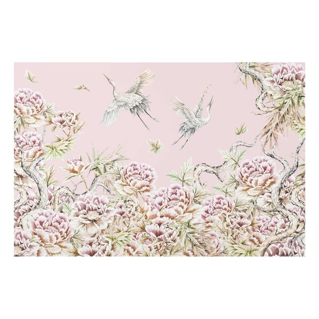 Tavlor blommor  Watercolour Storks In Flight With Roses On Pink