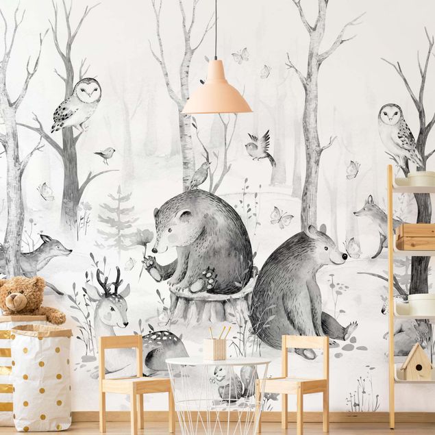 Tapeter modernt Watercolour Forest Animal Friends Black And White
