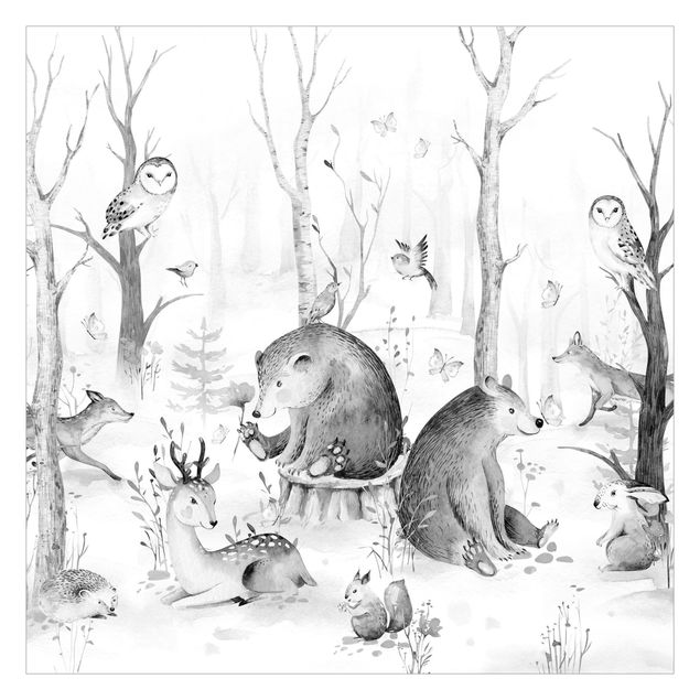 Tapeter Watercolour Forest Animal Friends Black And White