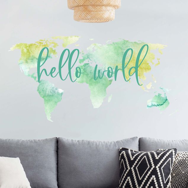 Kök dekoration Watercolor world map turquoise with desired text