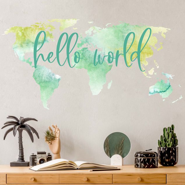 Autocolantes de parede mapa-múndi Watercolor world map turquoise with desired text