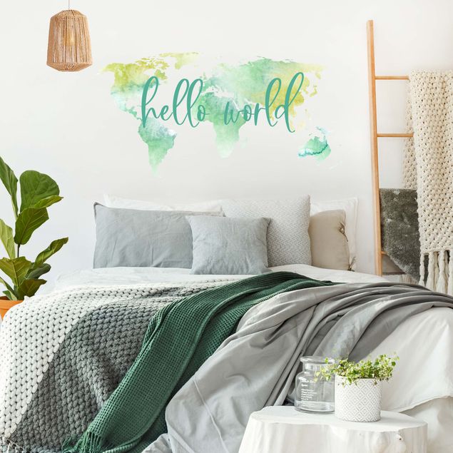 Autocolantes de parede texto personalizado Watercolor world map turquoise with desired text