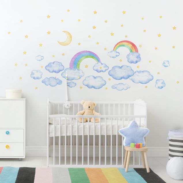 adesivos de parede Watercolour Clouds Rainbow Stars Set
