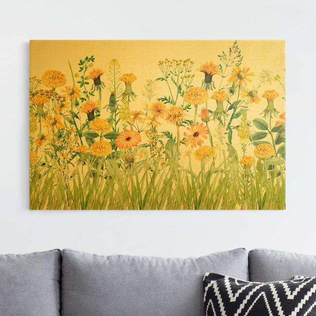 Canvastavlor lejon Watercolour Flower Meadow In Yellow