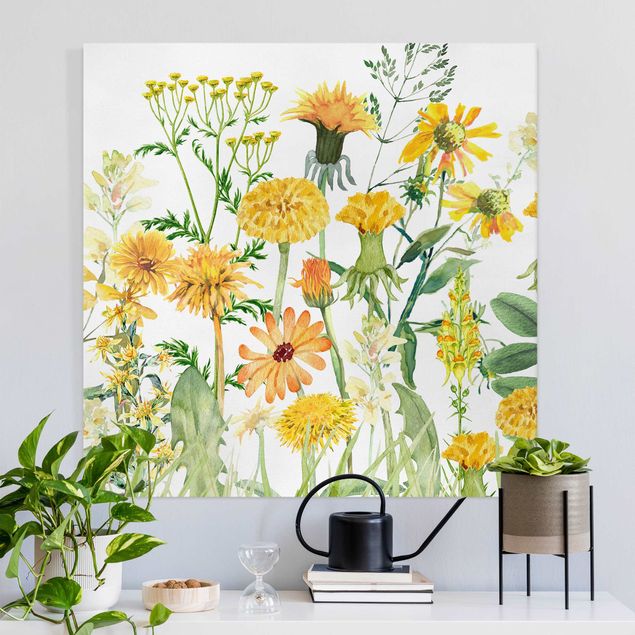 Canvastavlor lejon Watercolour Flower Meadow In Yellow