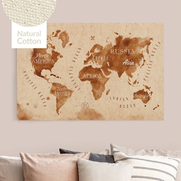 Canvastavlor världskartor Watercolour Look World Map Beige Brown