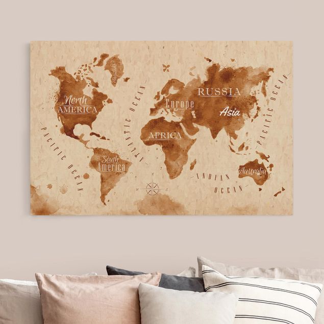 Tavlor världskartor Watercolour Look World Map Beige Brown