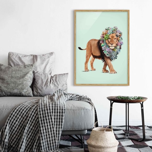 Tavlor med ram konstutskrifter Lion With Succulents