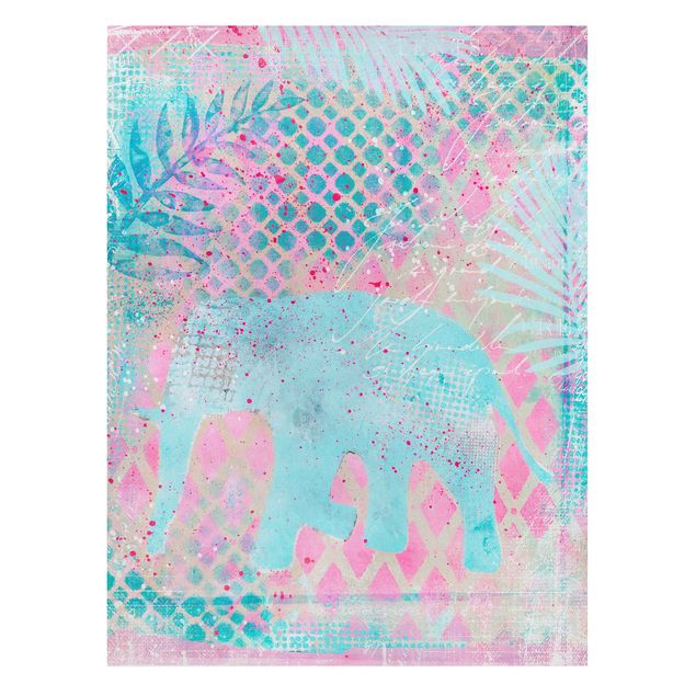 Canvastavlor blommor  Colourful Collage - Elephant In Blue And Pink