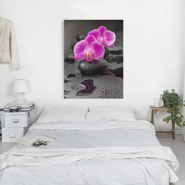 Kök dekoration Pink Orchid Flower On Stones With Drops