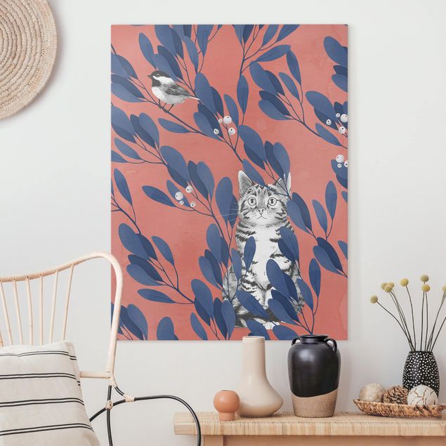 Canvastavlor djur Illustration Cat And Bird On Branch Blue Red