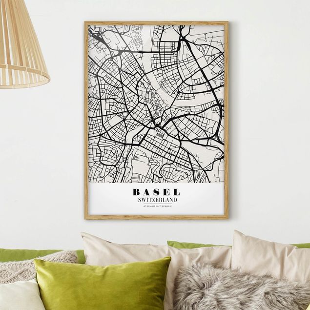 Tavlor med ram svart och vitt Basel City Map - Classic
