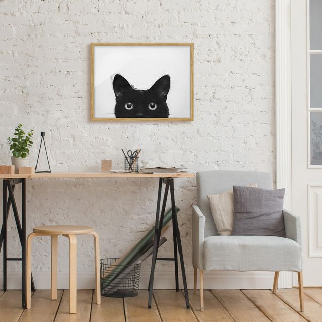 Tavlor med ram svart och vitt Illustration Black Cat On White Painting
