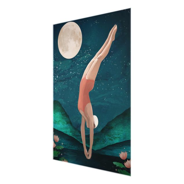 Tavlor blå Illustration Bather Woman Moon Painting