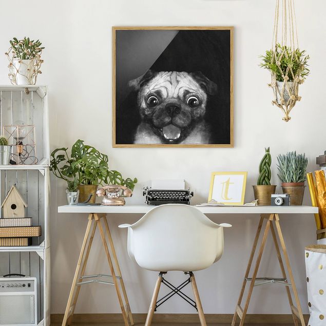 Tavlor hundar Illustration Dog Pug Painting On Black And White