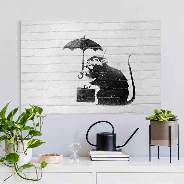 Canvastavlor svart och vitt Banksy - Rat With Umbrella