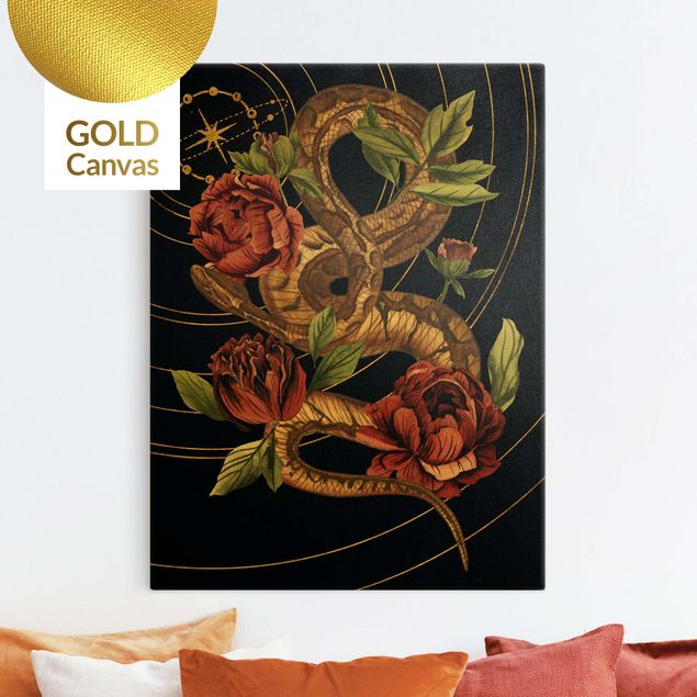 Canvastavlor blommor  Snake With Roses Black And Gold IV