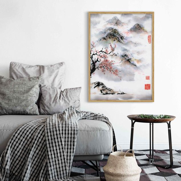 Tavlor bergen Japanese Watercolour Drawing Cherry Tree And Mountains