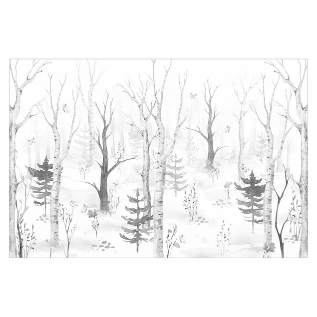 Fototapeter svart och vitt Birch forest with poppies black white