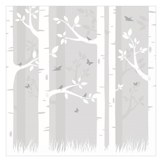 Fototapeter grått Birch Forest With Butterflies And Birds