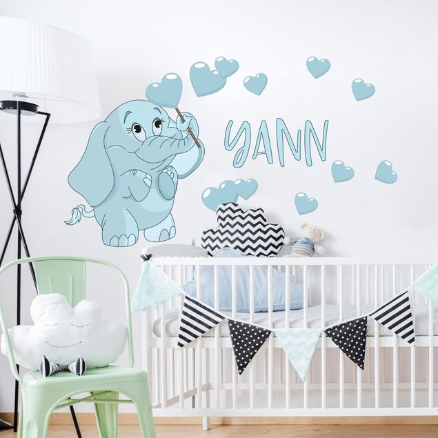 Autocolantes de parede frases Blue baby elephant with many hearts