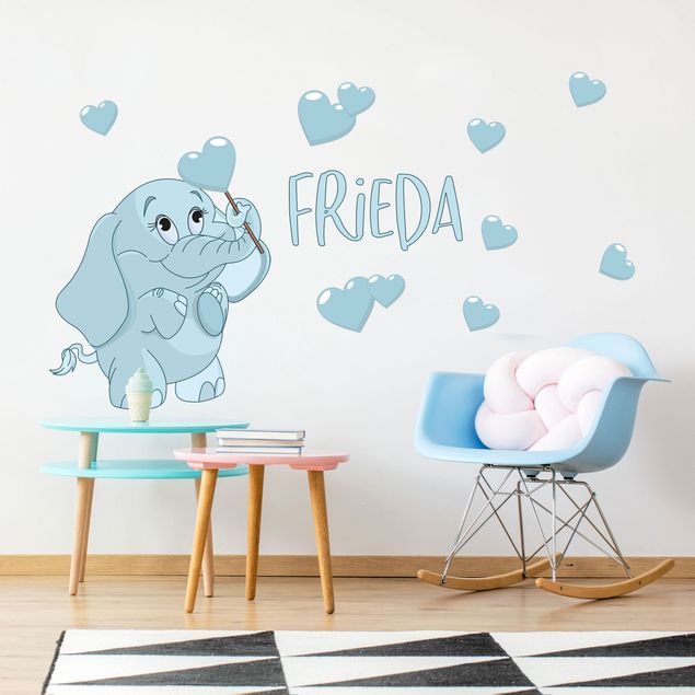 Autocolantes de parede texto personalizado Blue baby elephant with many hearts