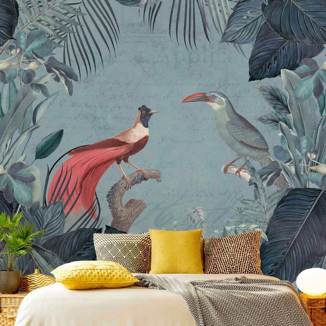 Tapeter modernt Blue Gray Paradise With Tropical Birds