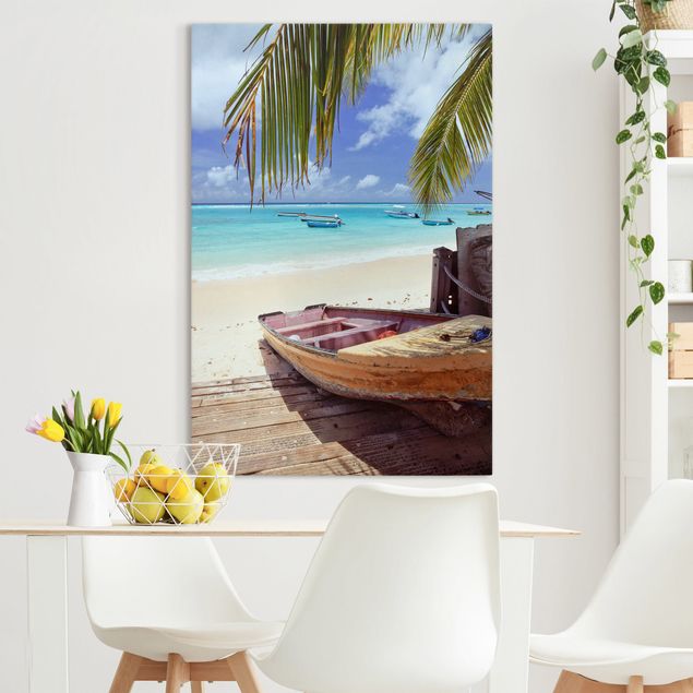 Canvastavlor karibien Boat Beneath Palm Trees