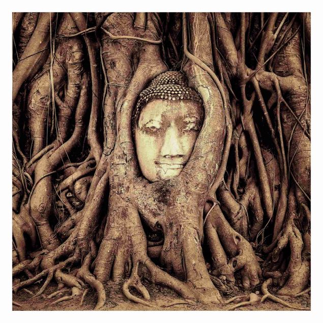 Tapeter Buddha In Ayutthaya Lined From Tree Roots In Brown