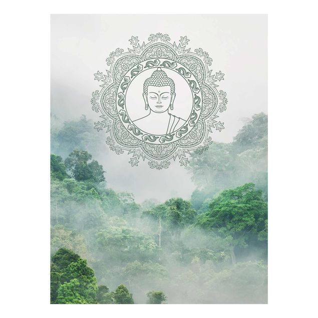 Glastavlor arkitektur och skyline Buddha Mandala In Fog