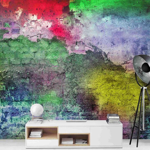 Fototapeter tegelsten Colourful Sprayed Old Brick Wall