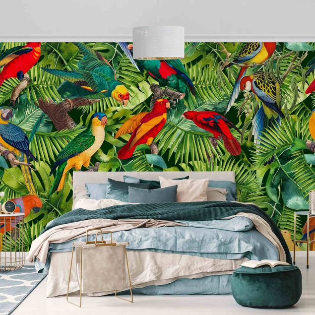 Fototapeter blommor  Colourful Collage - Parrots In The Jungle