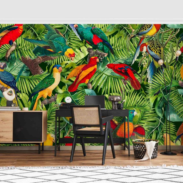 Tapeter modernt Colourful Collage - Parrots In The Jungle